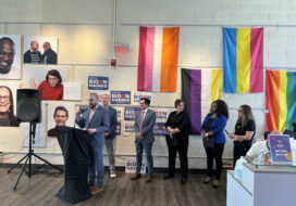 Sen. Jeremy Moss speaks at the Out for Biden-Harris event at Affirmations on April 10. Photo: Biden-Harris Campaign