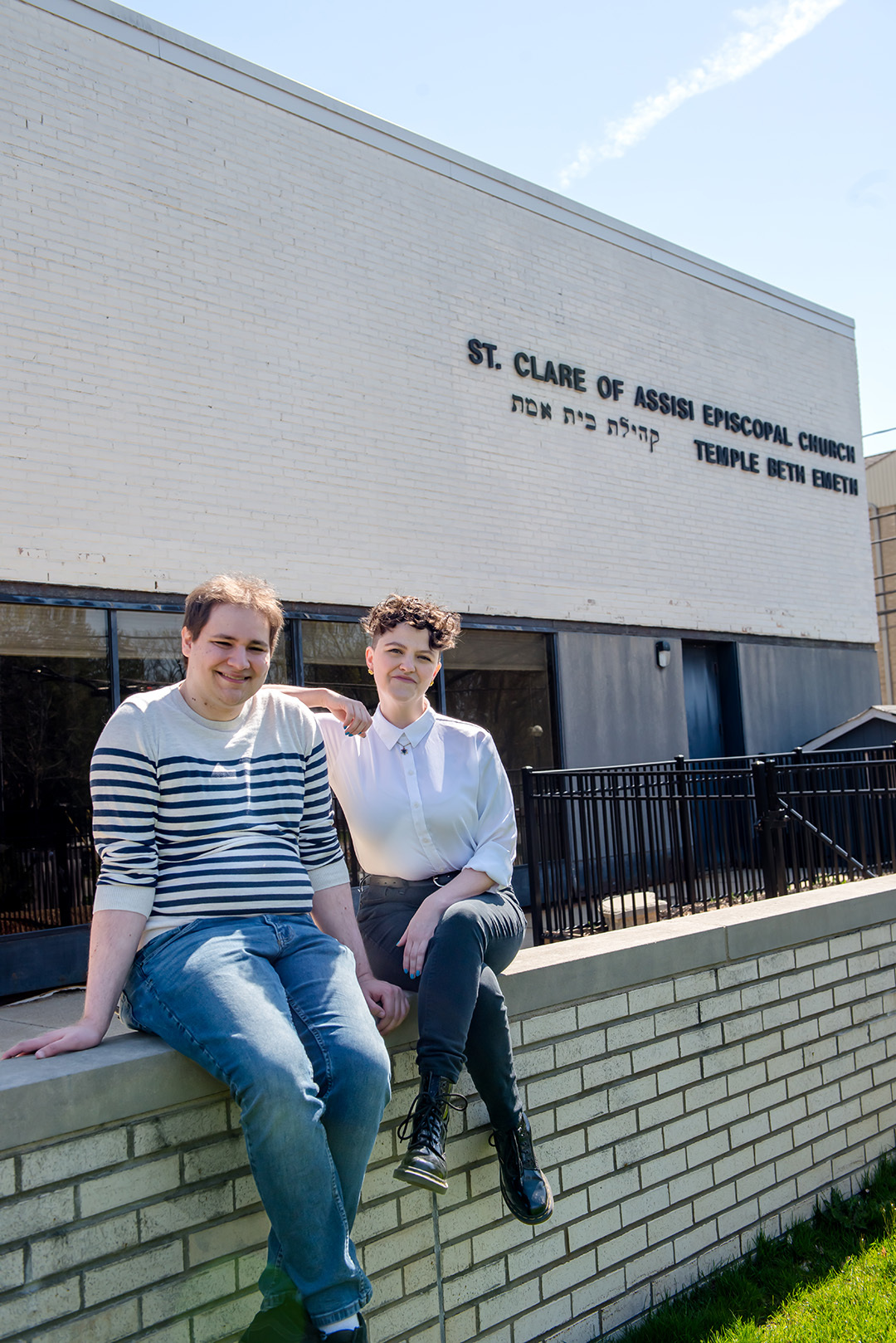 Ari Marcotte and Ari Smith in front of Temple Beth Emeth in Ann Arbor. The temple shares a buildings with Clare of Assisi Episcopal Church. Photo: Andrew Cohen