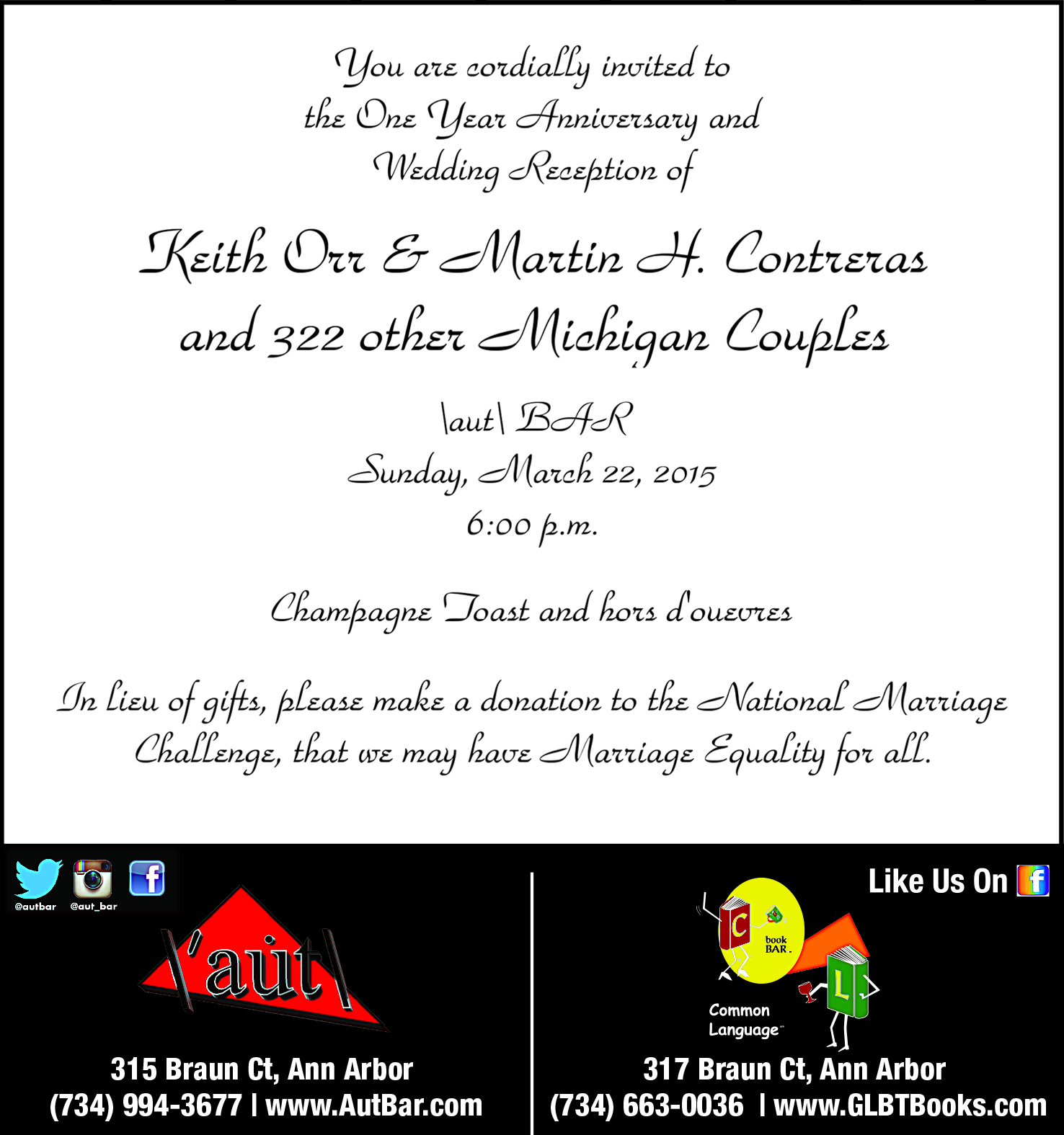 An announcement printed in Between The Lines inviting the public to Keith and Martin's anniversary dinner, a few months before the Obergefell decision came down. BTL Archives