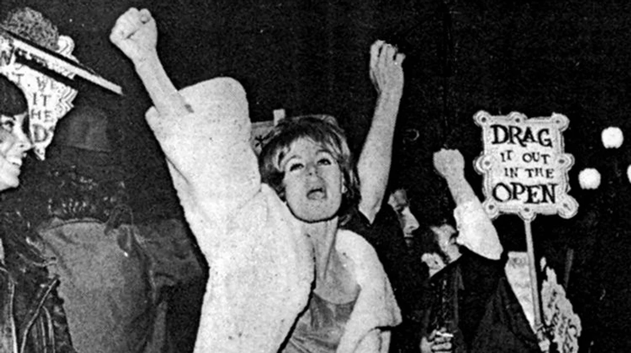 Trans women and drag queens gather during the historic Compton's Cafeteria riot of August 1966 in San Francisco's Tenderloin district, where community members stood against persistent police harassment and brutality.