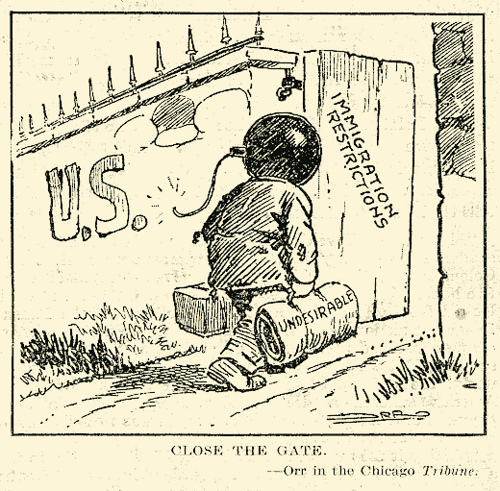 Political cartoonist Carey Orr's illustration advocating for immigration restrictions during the First Red Scare, published in the Chicago Tribune on July 5, 1919. Public domain image