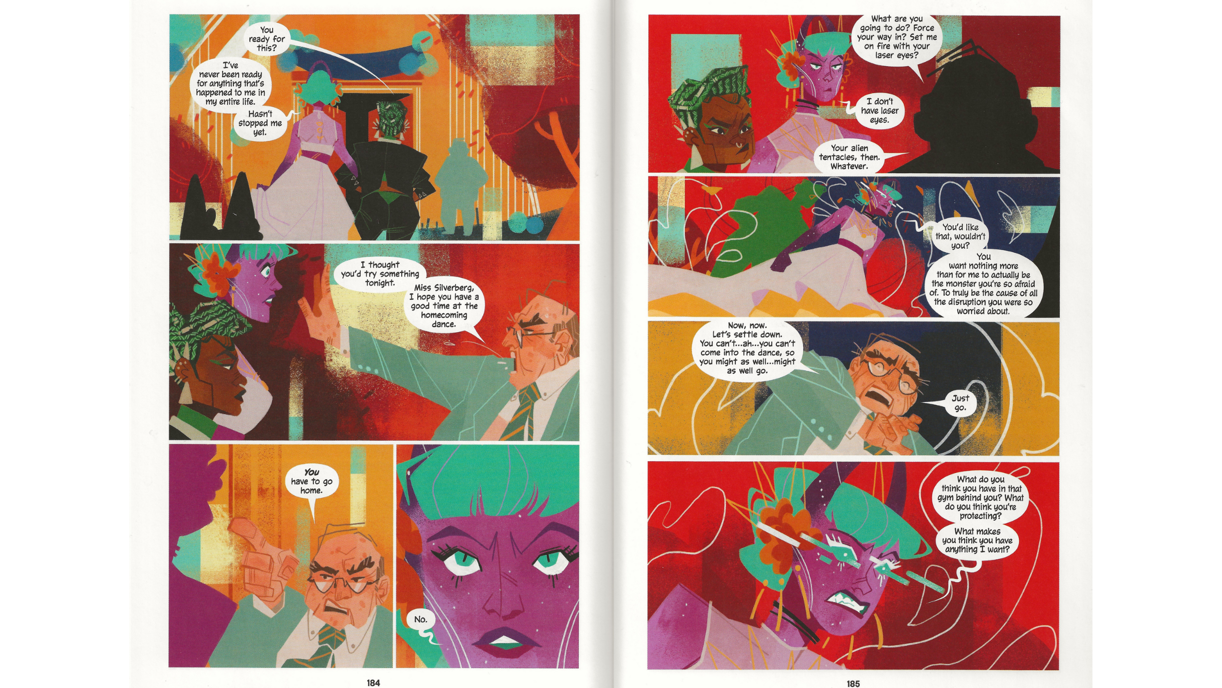 Sequence in which high school principal tries to keep Galaxy out of a school dance. Photo: DC Comics