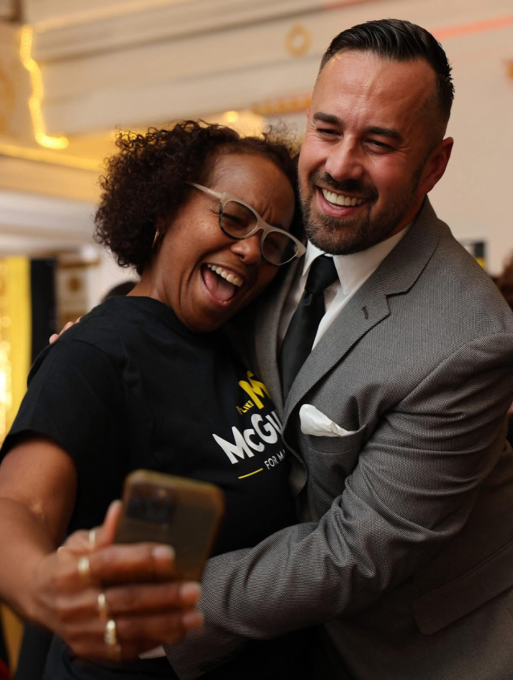 Mayor-Elect Mike McGuinness with constituent Tamara Orza-Ramos of Pontiac at his Election Night victory party. Courtesy photo