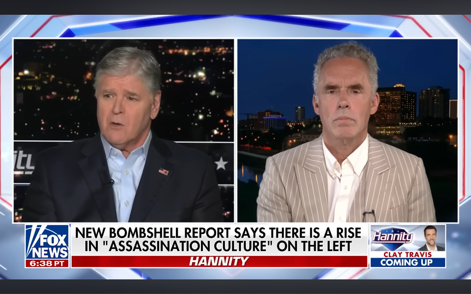 Jordan Peterson (right) being interviewed by Sean Hannity in 2025. Photo: Fox News