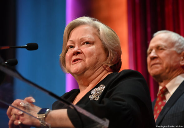 Activists Judy and Dennis Shepard speak at the NGLCC National Dinner at the National Building Museum on Friday, Nov. 18. Pho…
