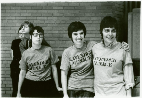 From left, Linda Rhodes, Arlene Kisner (sometimes misidentified as Arlene Kushner), and Ellen Broidy participate in the "Lavender Menace" action at the Second Congress to Unite Women in Chelsea on May 1, 1970. Photo: Diana Davies. Image source: Manuscript and Archives Division, The New York Public Library