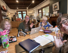 Members of the Intergeneration Queer Conversation Book Club planning committee meet in the Upper Peninsula (left to right: Kaitlyn Bamm, Jake Clifton, Marna Franson, Carrie Fiocchi). Courtesy photo