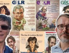 Gay and Lesbian Review founder Richard Schneider (left) and incoming editor Jeremy Fox against a backdrop of Gay and Lesbian Review covers. Courtesy photos