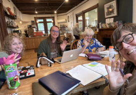 Members of the Intergeneration Queer Conversation Book Club planning committee meet in the Upper Peninsula (left to right: Kaitlyn Bamm, Jake Clifton, Marna Franson, Carrie Fiocchi). Courtesy photo