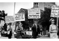 Pioneering LGBTQ+ activist Kay Lahusen, right, and other demonstrators carry signs in front of Independence Hall in Philadelphia on July 4, 1967. Public domain image