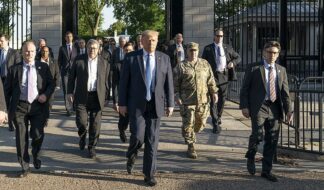 President Donald Trump with a group of officials and advisors walking from the White House to St. John's Church, following the forced removal of protesters at Lafayette Square in 2020. Photo: Public Domain, Wikimedia Commons
