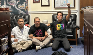 HIV/AIDS activists protest inside U.S. House Speaker Kevin McCarthy's office in the Rayburn House Office Building on Sept. 1…