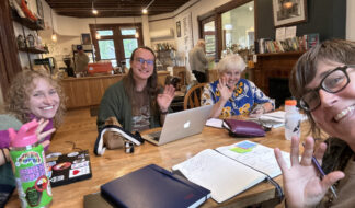 Members of the Intergeneration Queer Conversation Book Club planning committee meet in the Upper Peninsula (left to right: Kaitlyn Bamm, Jake Clifton, Marna Franson, Carrie Fiocchi). Courtesy photo