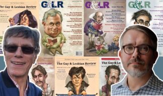 Gay and Lesbian Review founder Richard Schneider (left) and incoming editor Jeremy Fox against a backdrop of Gay and Lesbian Review covers. Courtesy photos