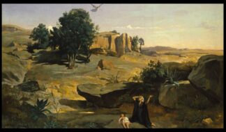 "Hagar in the Wilderness" by Camille Corot, 1835, French painting, oil on canvas. Because of family jealousy and exile, Hagar, Sarah's handmaiden, and her child Ishmael, were dying of thirst in the desert until saved by an angel. Image: The Everett Collection via Canva.com