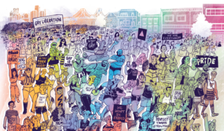 Illustration by Detroit artist Bill Frenec, who created Between The Line's Motor City Pride 2026 cover.
