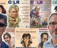 Gay and Lesbian Review founder Richard Schneider (left) and incoming editor Jeremy Fox against a backdrop of Gay and Lesbian Review covers. Courtesy photos