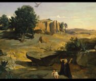 "Hagar in the Wilderness" by Camille Corot, 1835, French painting, oil on canvas. Because of family jealousy and exile, Haga…