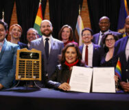 Gov. Gretchen Whitmer in Lansing after signing an amendment to protect LGBTQ+ Michiganders in March, 2023. Photo: Whitmer's office