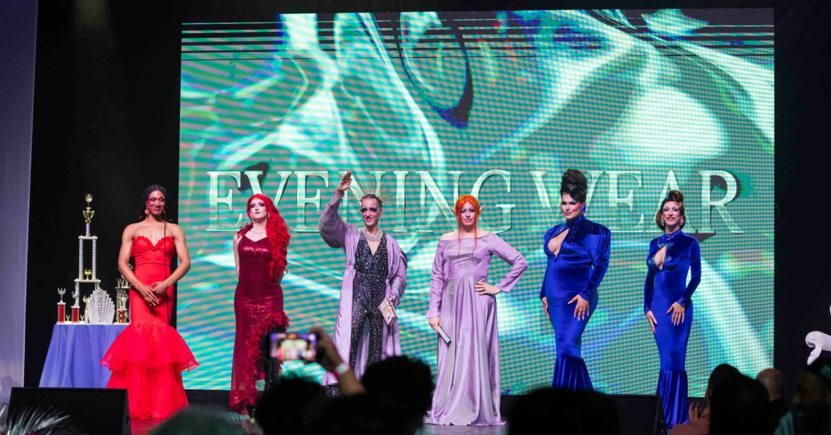 All contestants represent in the Evening Wear competition, left to right, Zoe and Bermuda Banks (Haus of Morefill); Roxanne Paypa Scissors and Avery Quinn (Haus of Scissors); and, Belladonna Marz and Portia Lynn (Haus of Stars). Photo: @That.Gay.Photographer