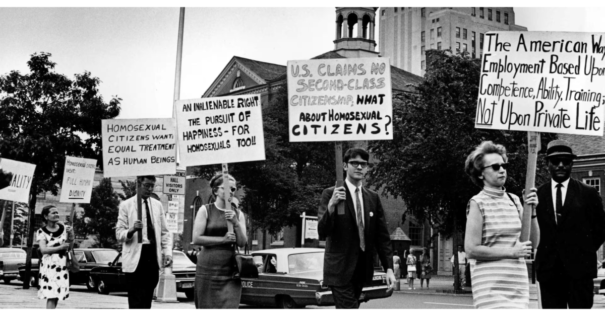 Pioneering LGBTQ+ activist Kay Lahusen, right, and other demonstrators carry signs in front of Independence Hall in Philadelphia on July 4, 1967. Public domain image