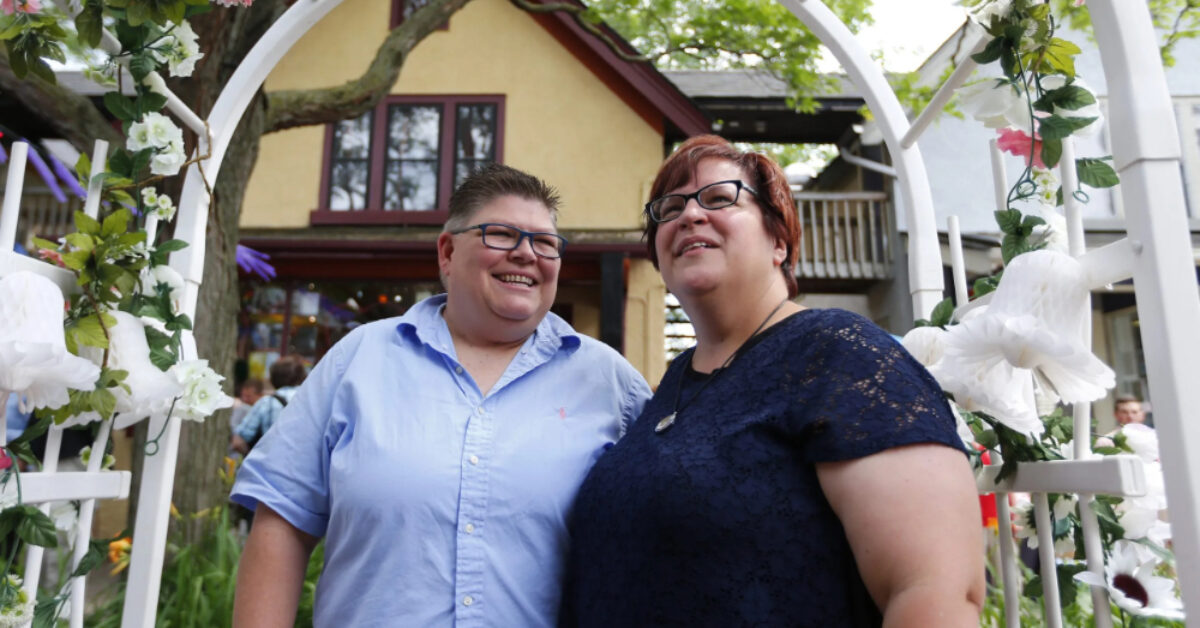 'We don't want to go back to being second-class citizens,' said April DeBoer, seen here with wife Jayne Rowse in 2015 following a ruling by the US Supreme Court that struck down same-sex marriage bans nationwide. Photo via Bridge Michigan Republishing License: Paul Sancya/Associated Press