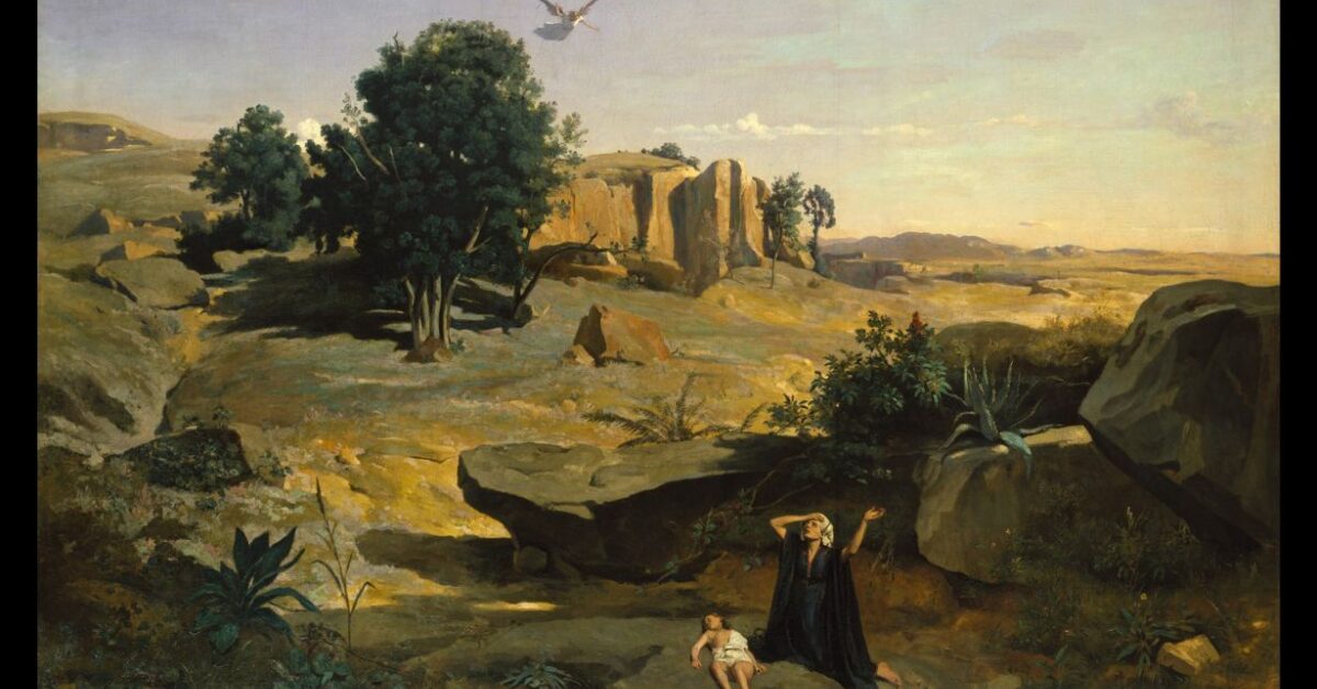 "Hagar in the Wilderness" by Camille Corot, 1835, French painting, oil on canvas. Because of family jealousy and exile, Hagar, Sarah's handmaiden, and her child Ishmael, were dying of thirst in the desert until saved by an angel. Image: The Everett Collection via Canva.com