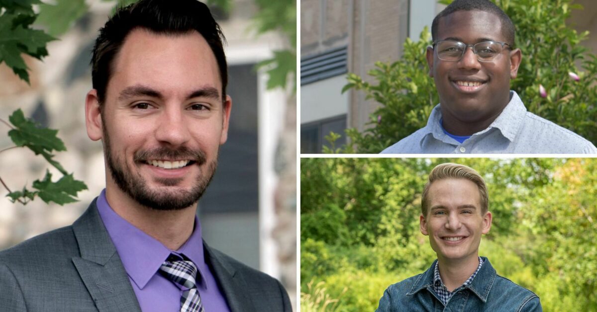 Newly elected Michigan LGBTQ+ candidates include Eastpointe Mayor Mike Klinefelt, who was sworn in Nov. 13 (Left), Mount Clemens City Commissioner Spencer Calhoun, who was sworn in Nov. 13 (Top Right) and Menominee Mayor-Elect Casey Hoffman (Bottom Right). Courtesy photos