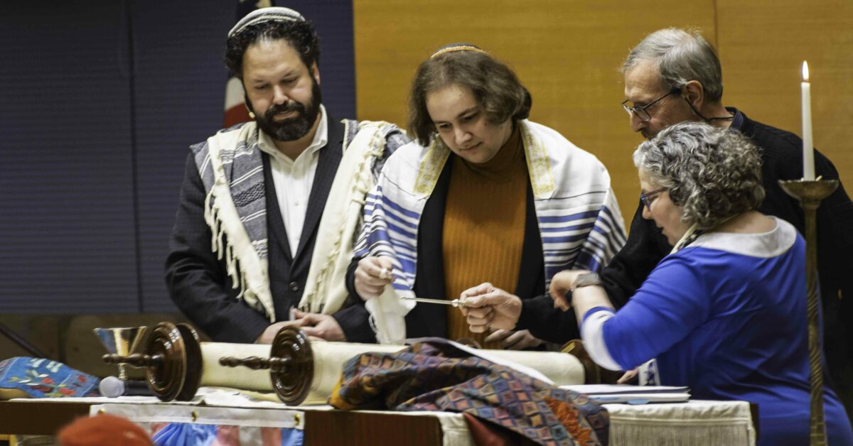 (Left to Right): Rabbi Josh Whinston, Ari Marcotte, Jack Billi and Cantor Regina Lambert-Hayut at Temple Beth Emeth's special International Trans Day of Visibility Shabbat service in March, 2024. Photo: Nikki Tarasev