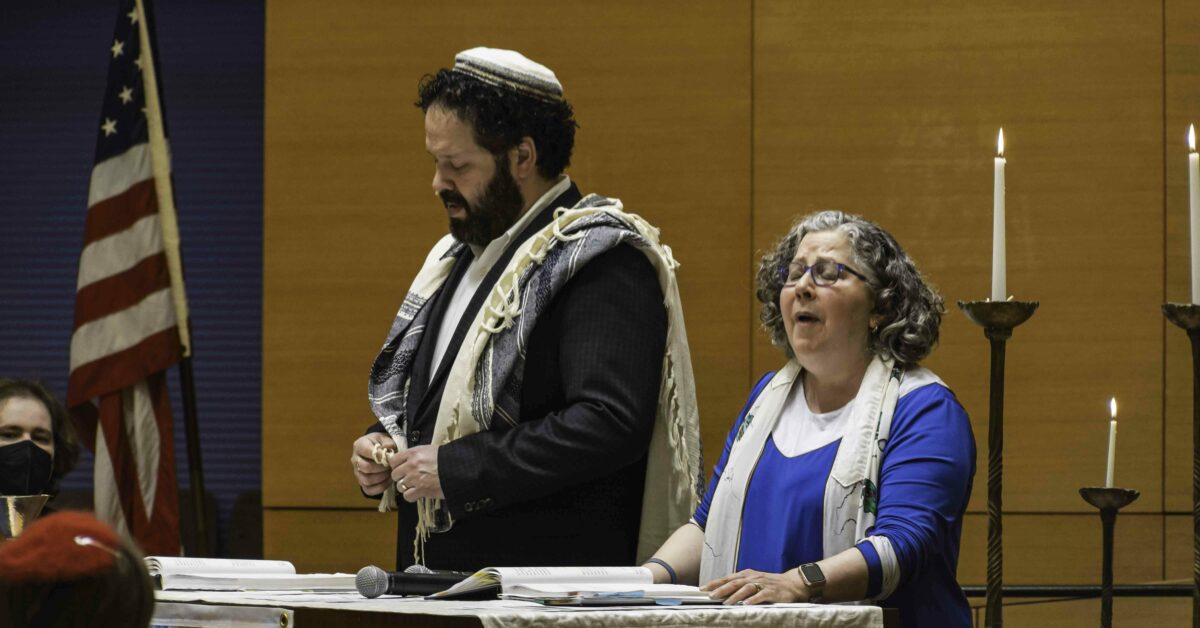 (Left to Right) Ari Marcotte, Rabbi Josh Whinston and Cantor Regina Lambert-Hayut at Temple Beth Emeth's special International Trans Day of Visibility Shabbat service in March, 2024. Photo: Nikki Tarasev