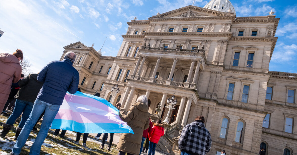 Protestors gathered at the Transgender Unity Coalition rally in Lansing on Jan. 30, 2025. Photo: Brian Wells