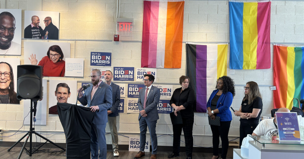 Sen. Jeremy Moss speaks at the Out for Biden-Harris event at Affirmations on April 10. Photo: Biden-Harris Campaign