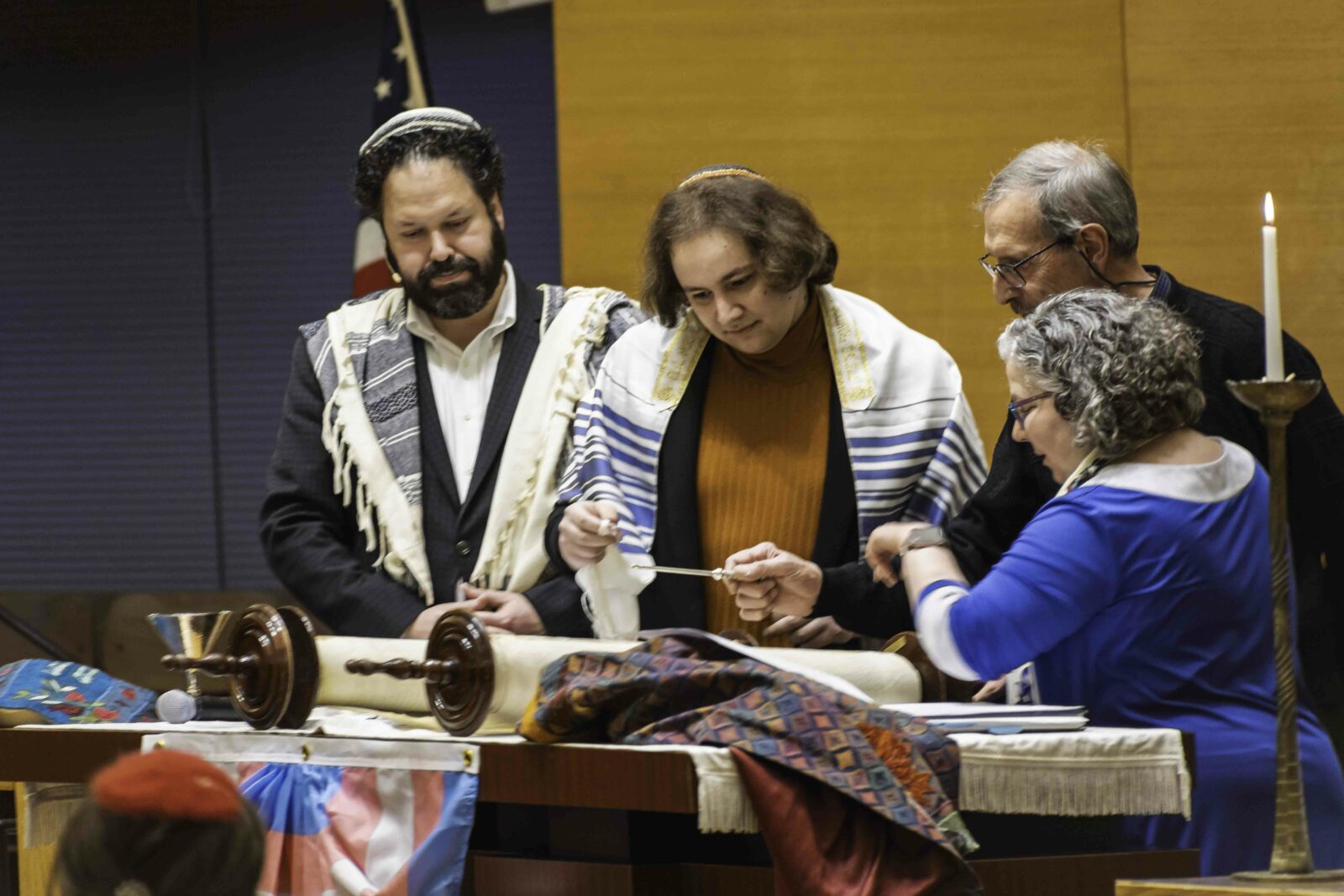 (Left to Right): Rabbi Josh Whinston, Ari Marcotte, Jack Billi and Cantor Regina Lambert-Hayut at Temple Beth Emeth's special International Trans Day of Visibility Shabbat service in March, 2024. Photo: Nikki Tarasev