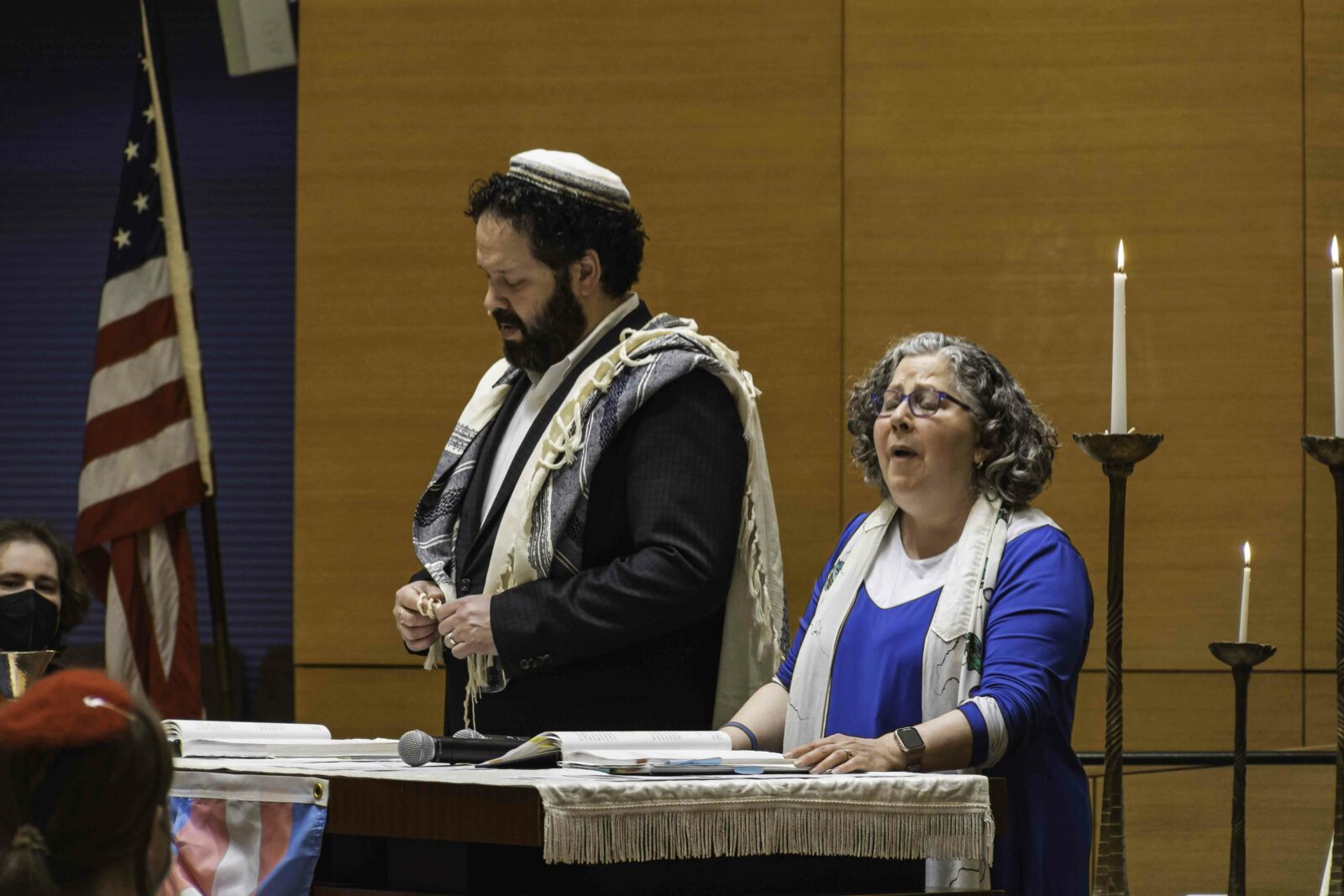 (Left to Right) Ari Marcotte, Rabbi Josh Whinston and Cantor Regina Lambert-Hayut at Temple Beth Emeth's special International Trans Day of Visibility Shabbat service in March, 2024. Photo: Nikki Tarasev