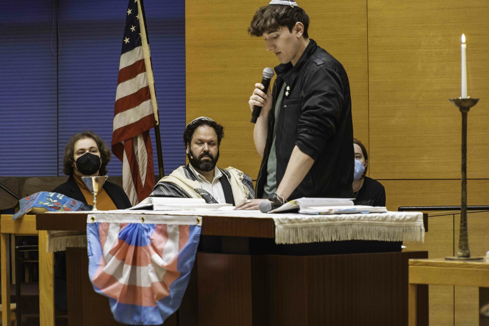 (Seated Left to Right) Ari Marcotte, Rabbi Josh Whinston, Leo Barry and Aster Taylor (Standing) at Temple Beth Emeth's special International Trans Day of Visibility Shabbat service in March, 2024. Photo: Nikki Tarasev