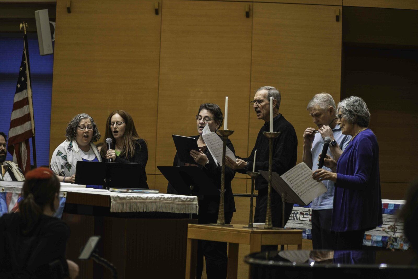 (Left to Right) Rabbi Josh Whinston, Cantor Regina Lambert-Hayut, Clara Silver, Deborah Katz, Jack Billi, Avishay Hayut and Sandra Berman at Temple Beth Emeth's special International Trans Day of Visibility Shabbat service in March, 2024. Photo: Nikki Tarasev