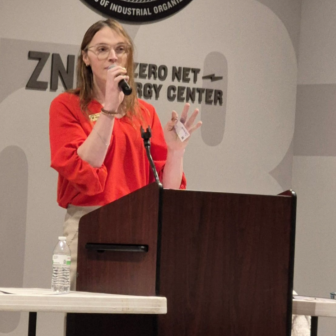 Joanna Whaley speaking at an International Brotherhood of Electrical Workers (IBEW) event. Courtesy photo