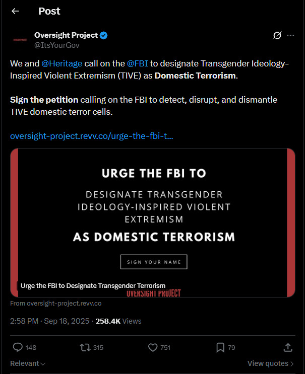 Tweet from The Oversight Project, a former project of the Heritage Foundation.