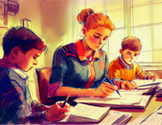 Children studying at school, ai illustration