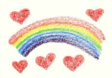 Rainbow with hearts Crayon illustration Hand drawn image Can be used as Gay rainbow