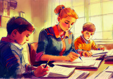Children studying at school, ai illustration