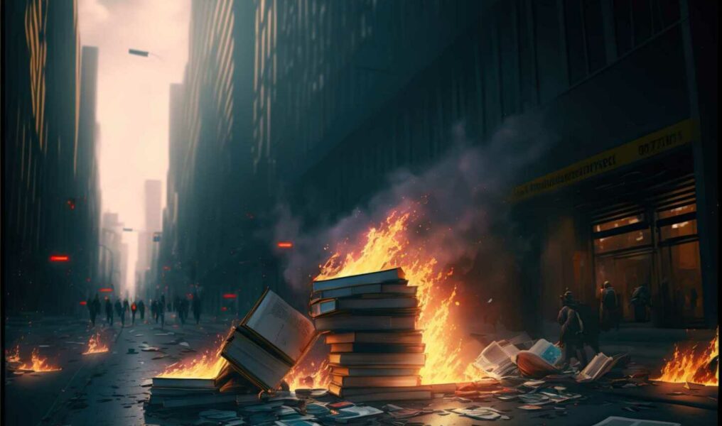 Pile of burning books surrounded by torches on the mo, created with Generative AI technology
