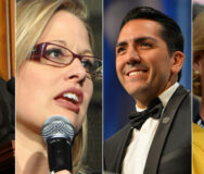 Jared_Polis_and_Kyrsten_CROPPEDSinema_and_Nelson_Araujo_and_Tammy_Baldwin_split_insert_c_Washington_Blade_by_Michael_Key