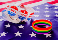 American flag and gay pride rainbow bracelet as a message in the
