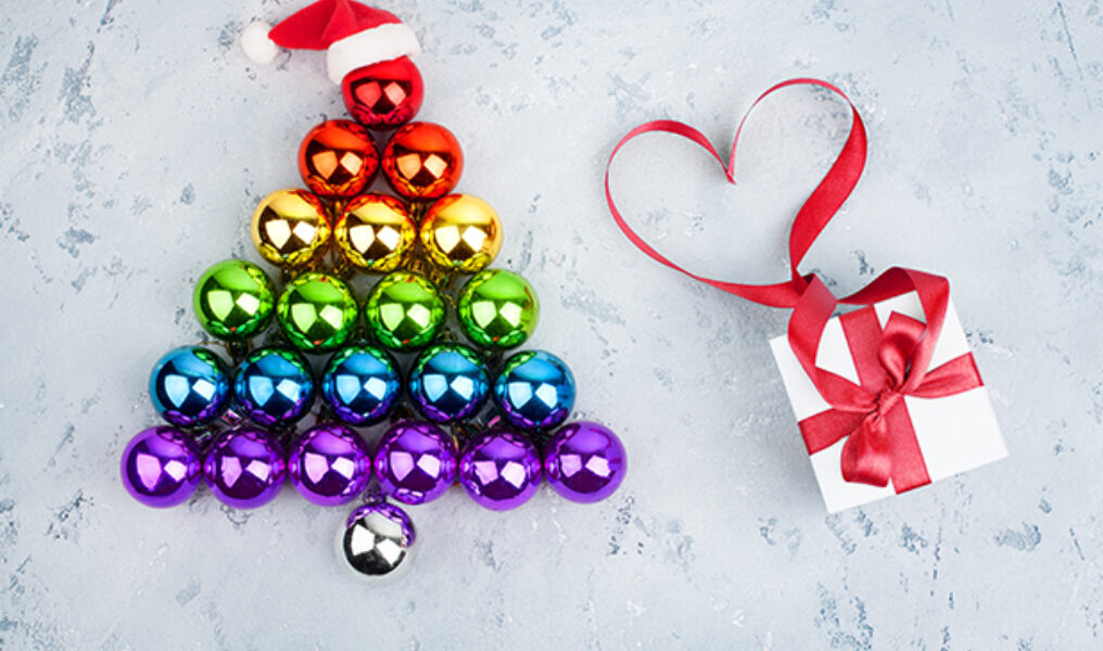 Christmas tree made of decorations balls LGBTQ community rainbow