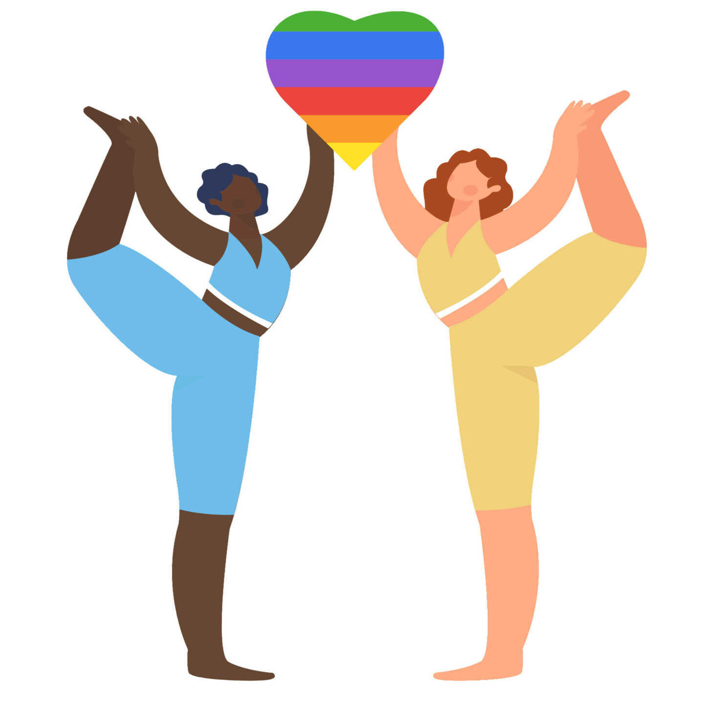 Two women are doing yoga . LGBT Romance and health .
