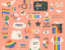 Cute pride symbols. Hand drawn lgbtq pride rainbow, peace sign a