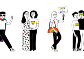 Banner with a group of people participating in a Pride parade.