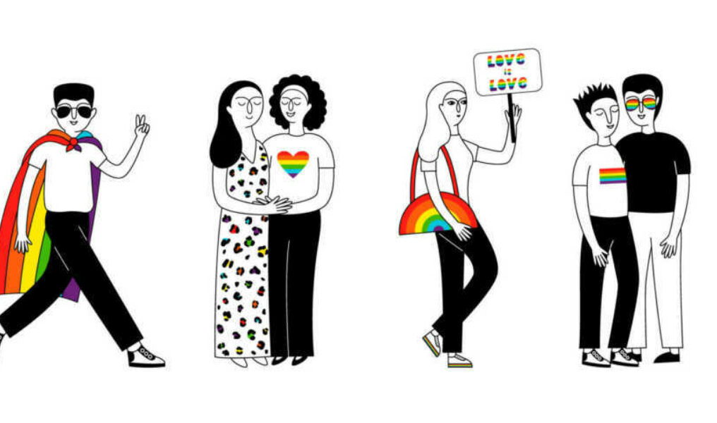 Banner with a group of people participating in a Pride parade.