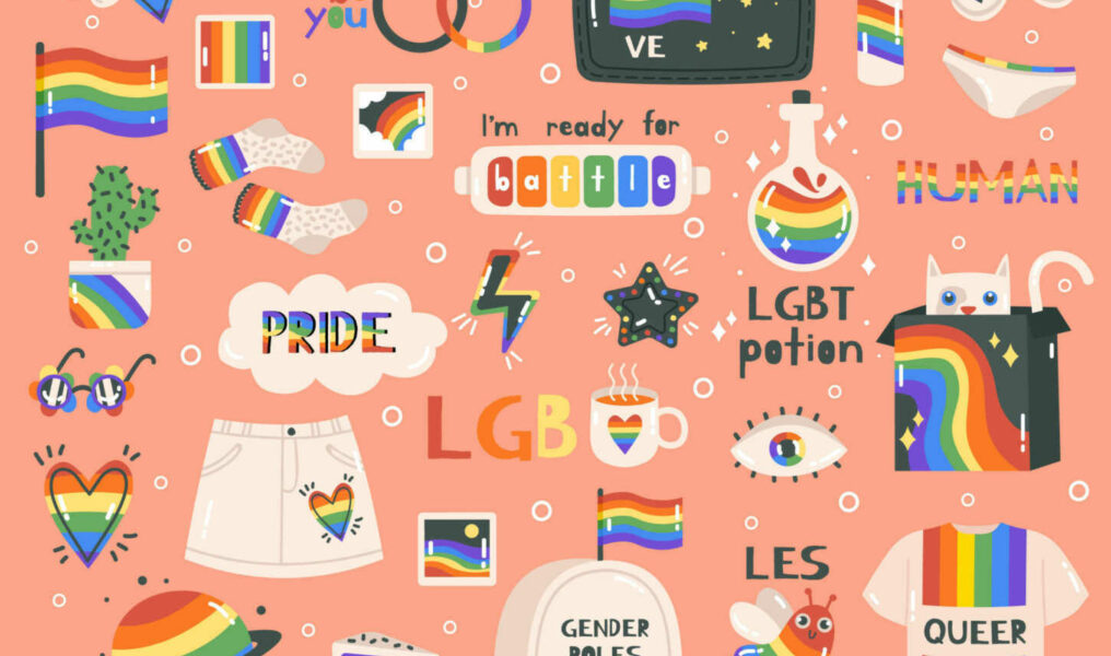 Cute pride symbols. Hand drawn lgbtq pride rainbow, peace sign a
